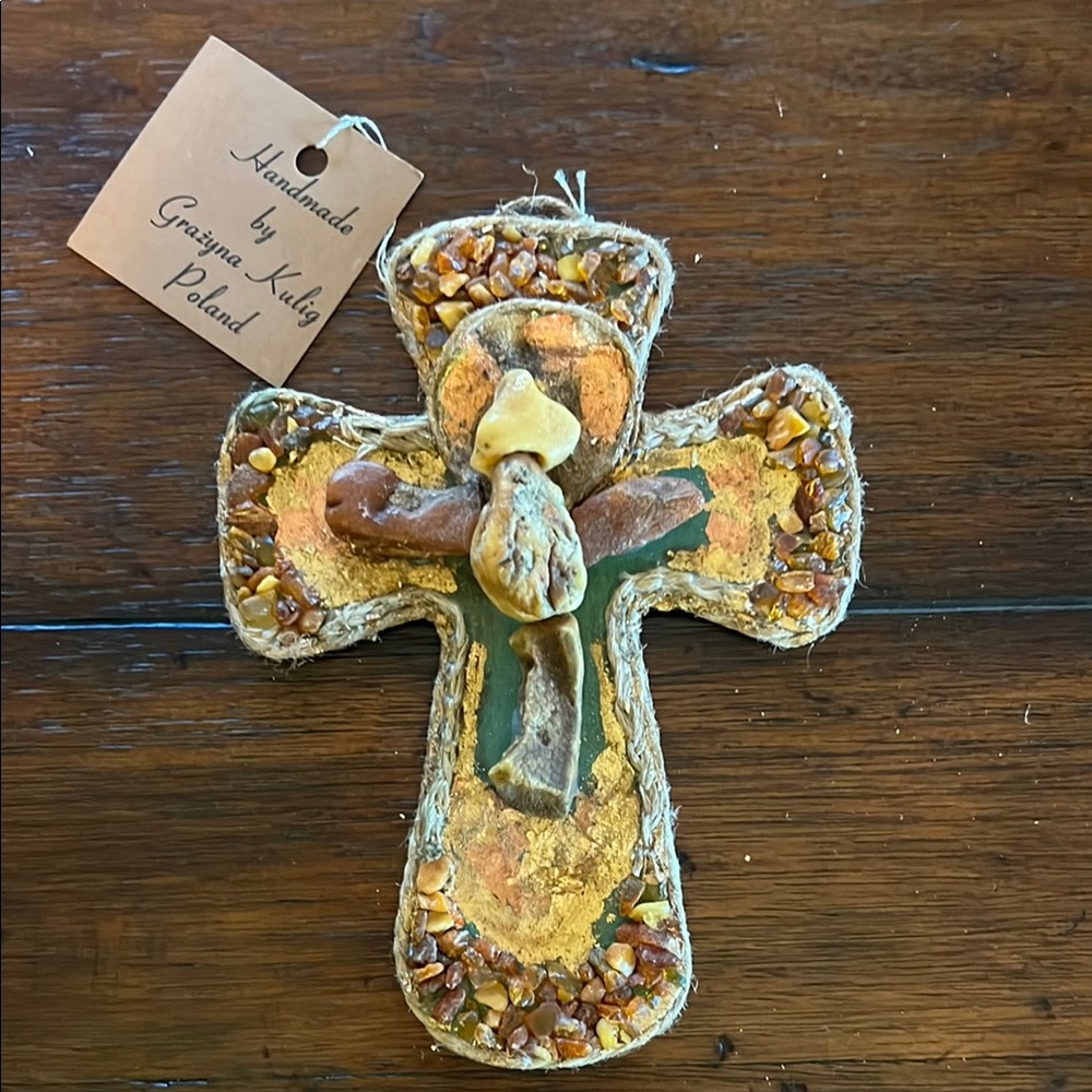 Handmade Decorative Cross with Amber Accents